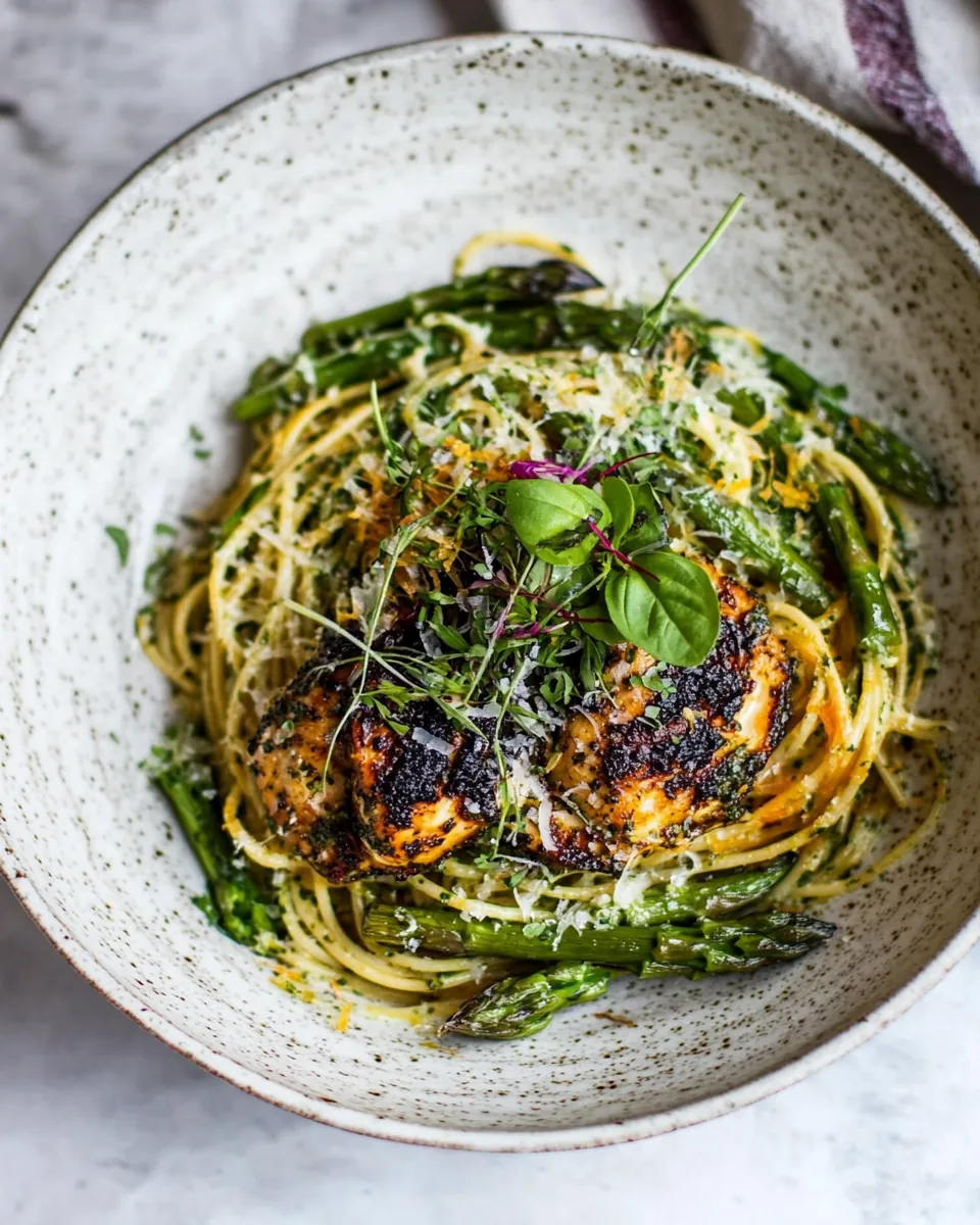 Charred Asparagus Cream Pasta with Blackened Lemon Chicken
