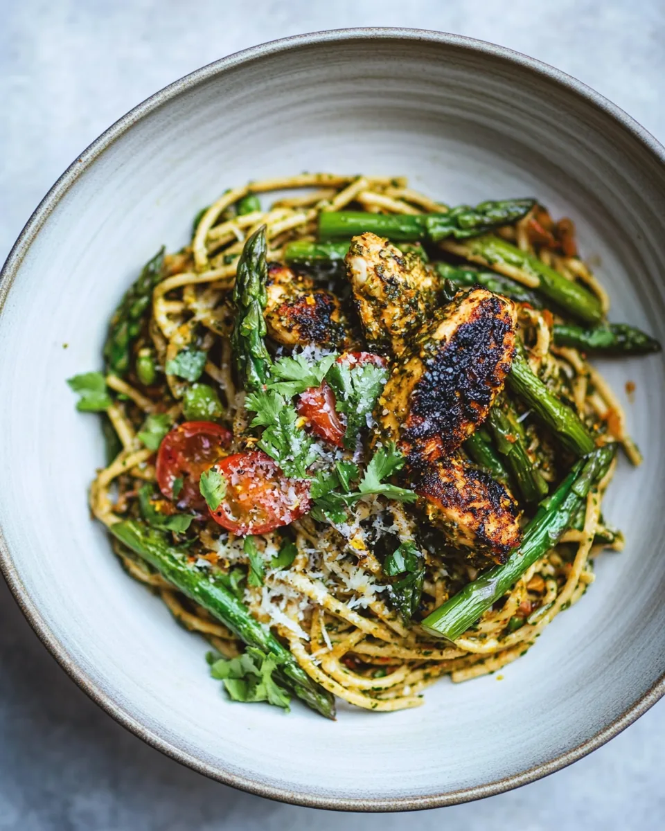 Charred Asparagus Cream Pasta with Blackened Lemon Chicken