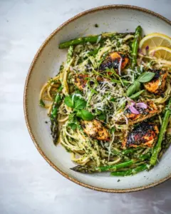 Charred Asparagus Cream Pasta with Blackened Lemon Chicken