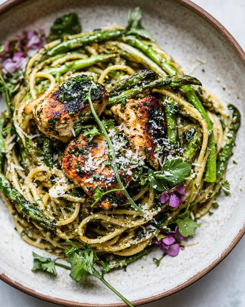 Charred Asparagus Cream Pasta with Blackened Lemon Chicken