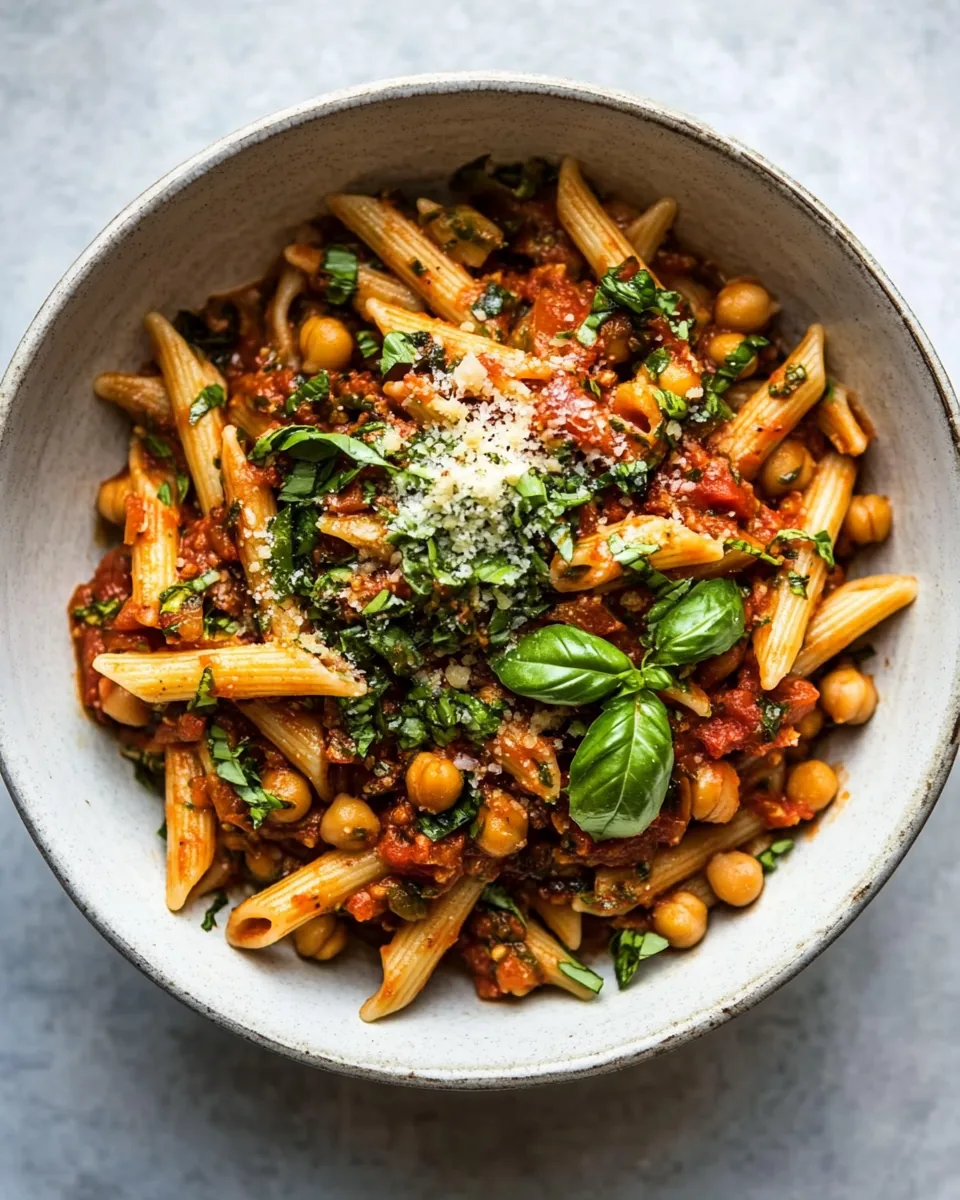 Easiest Tomato Basil Penne with Spicy Italian Chickpeas