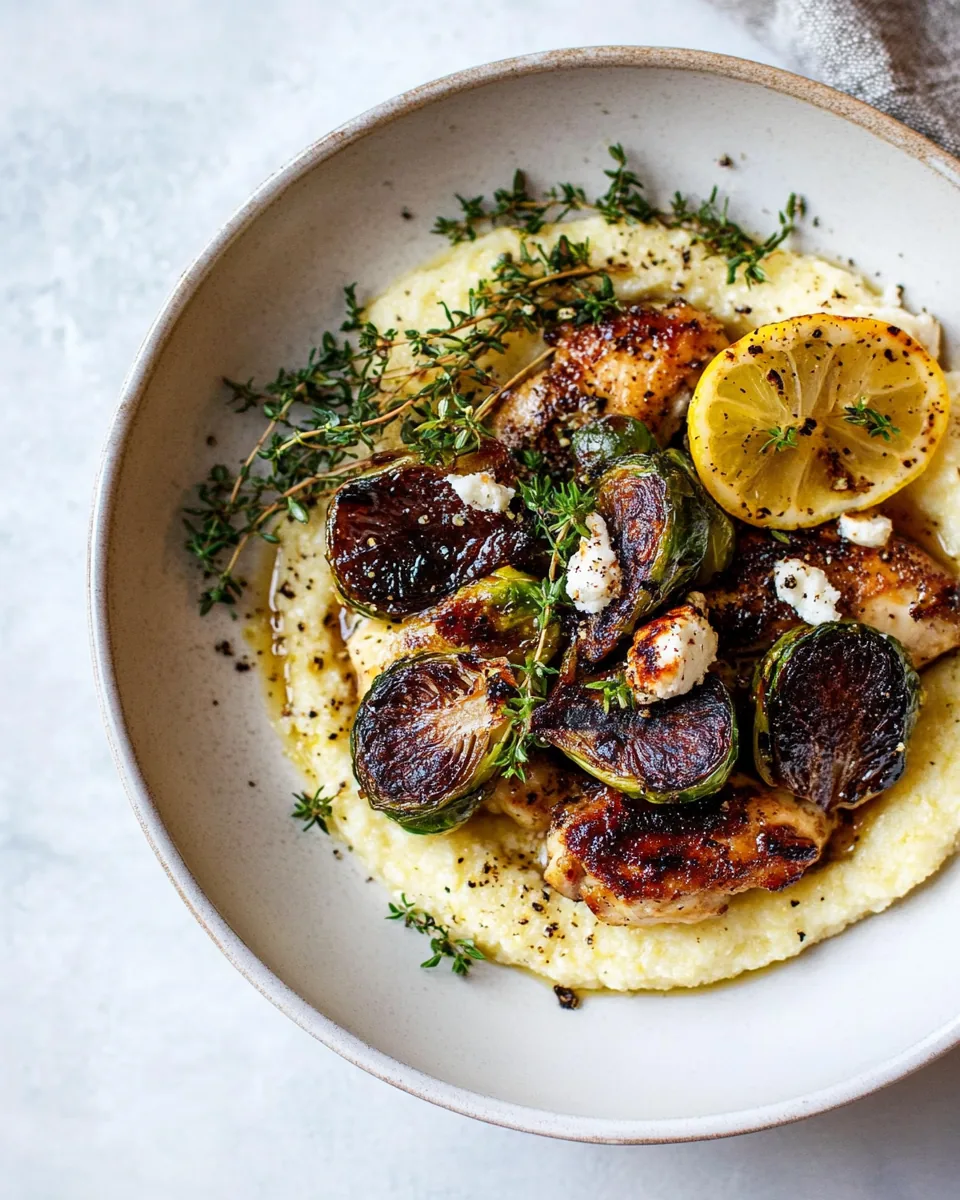 Honey Balsamic Lemon Brussels Sprout Chicken Goat Cheese Polenta