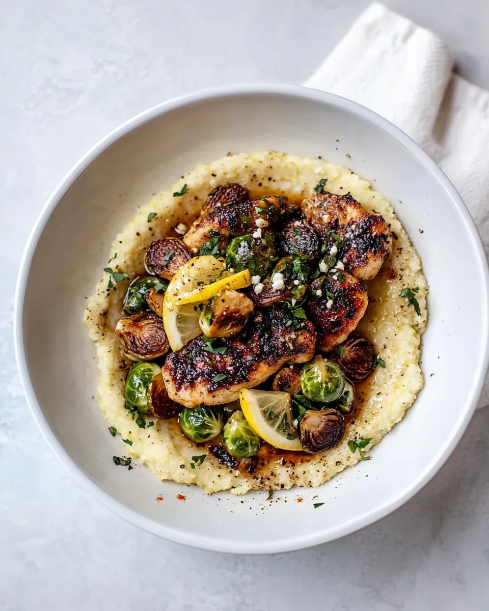 Honey Balsamic Lemon Brussels Sprout Chicken Goat Cheese Polenta