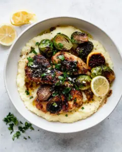 Honey Balsamic Lemon Brussels Sprout Chicken Goat Cheese Polenta