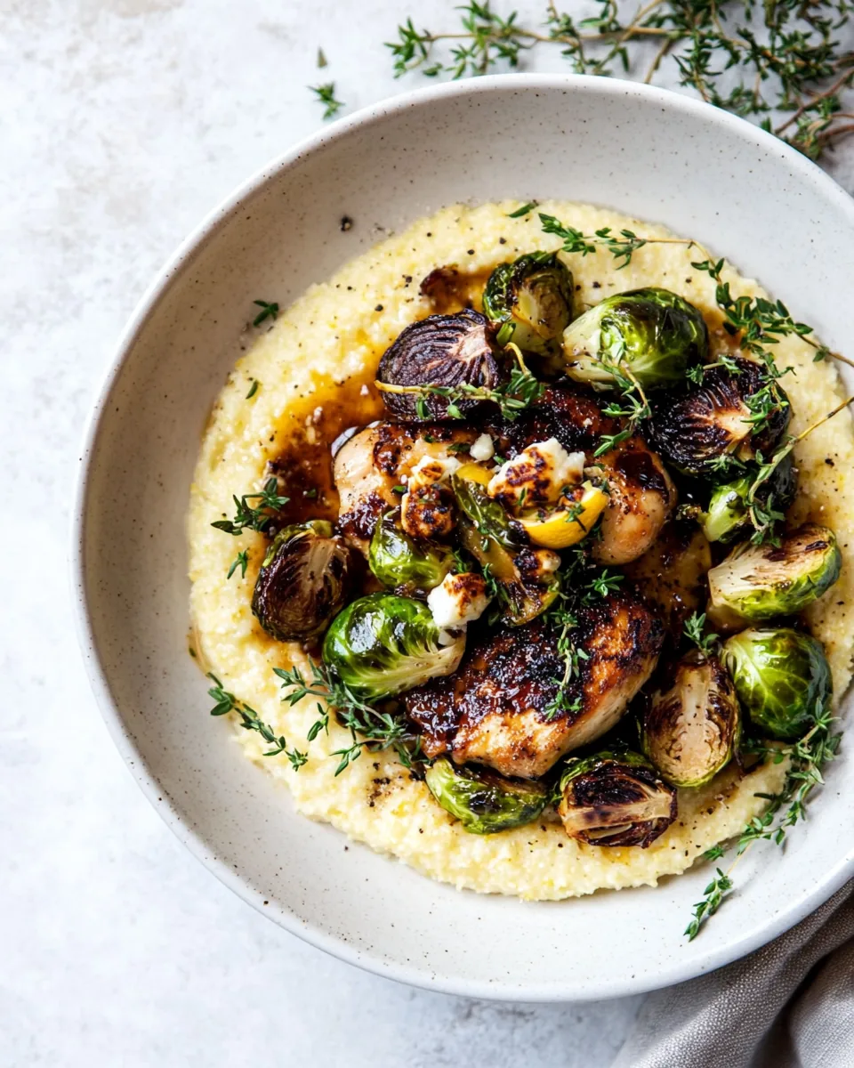 Honey Balsamic Lemon Brussels Sprout Chicken Goat Cheese Polenta