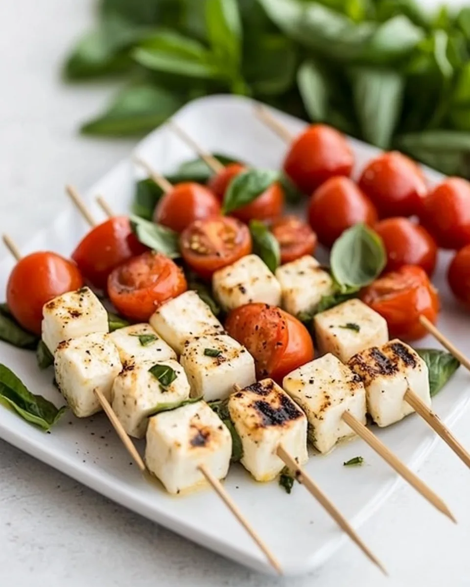 Marinated Mozzarella Tomato Basil Skewers