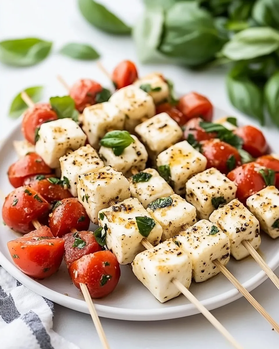 Marinated Mozzarella Tomato Basil Skewers