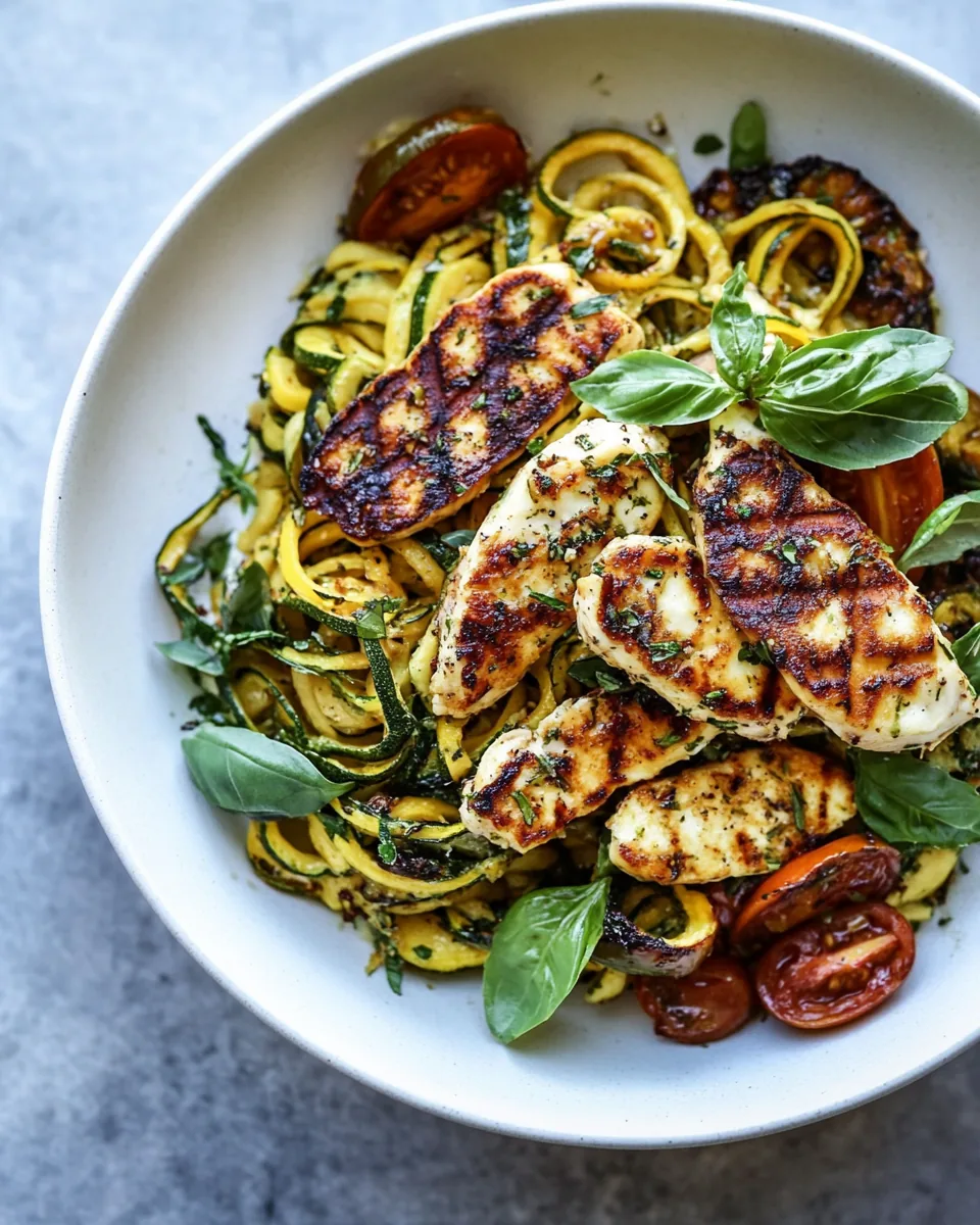 Mediterranean Chicken and Summer Squash Noodles with Fried Halloumi
