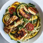 Mediterranean Chicken and Summer Squash Noodles with Fried Halloumi