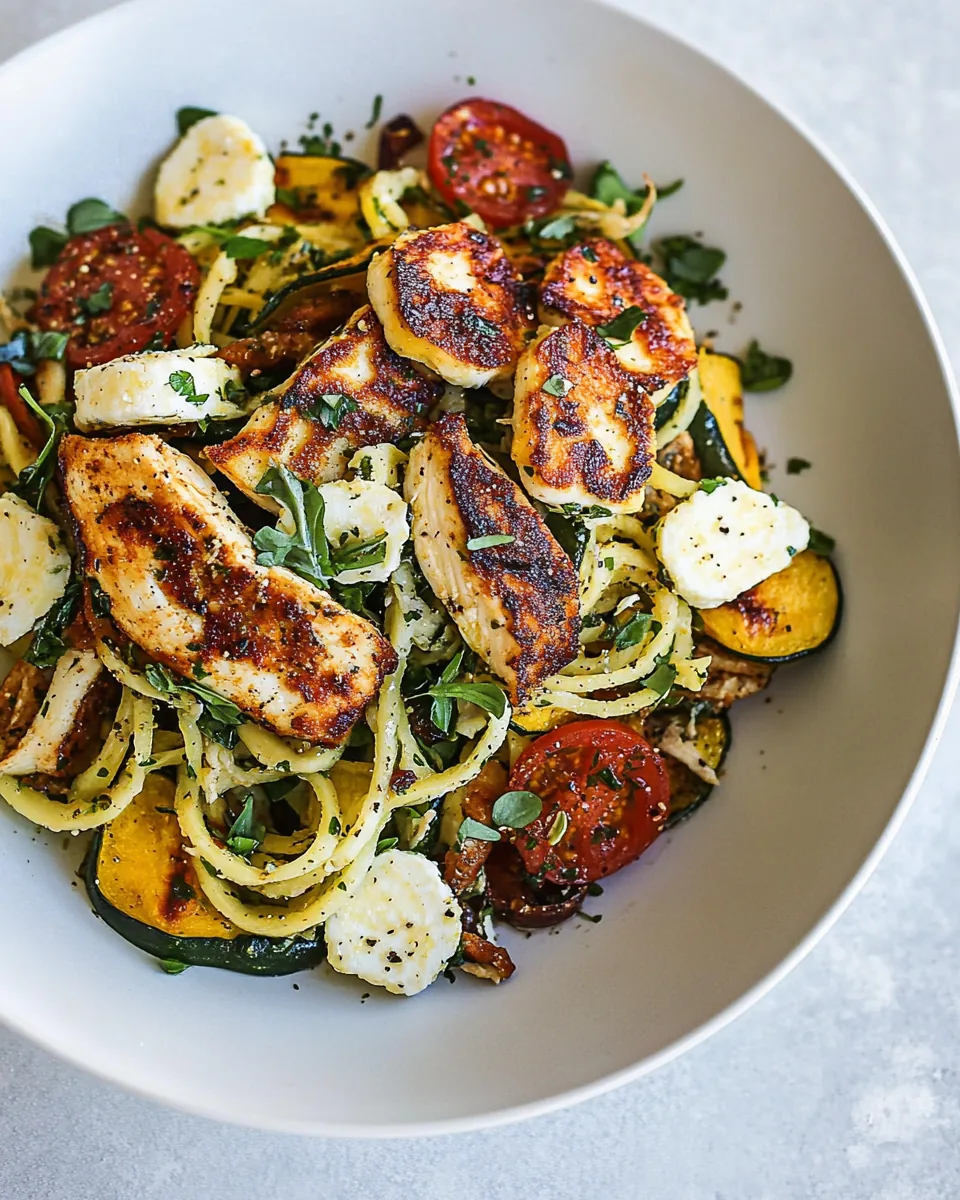 Mediterranean Chicken and Summer Squash Noodles with Fried Halloumi