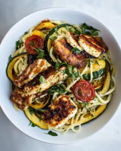 Mediterranean Chicken and Summer Squash Noodles with Fried Halloumi