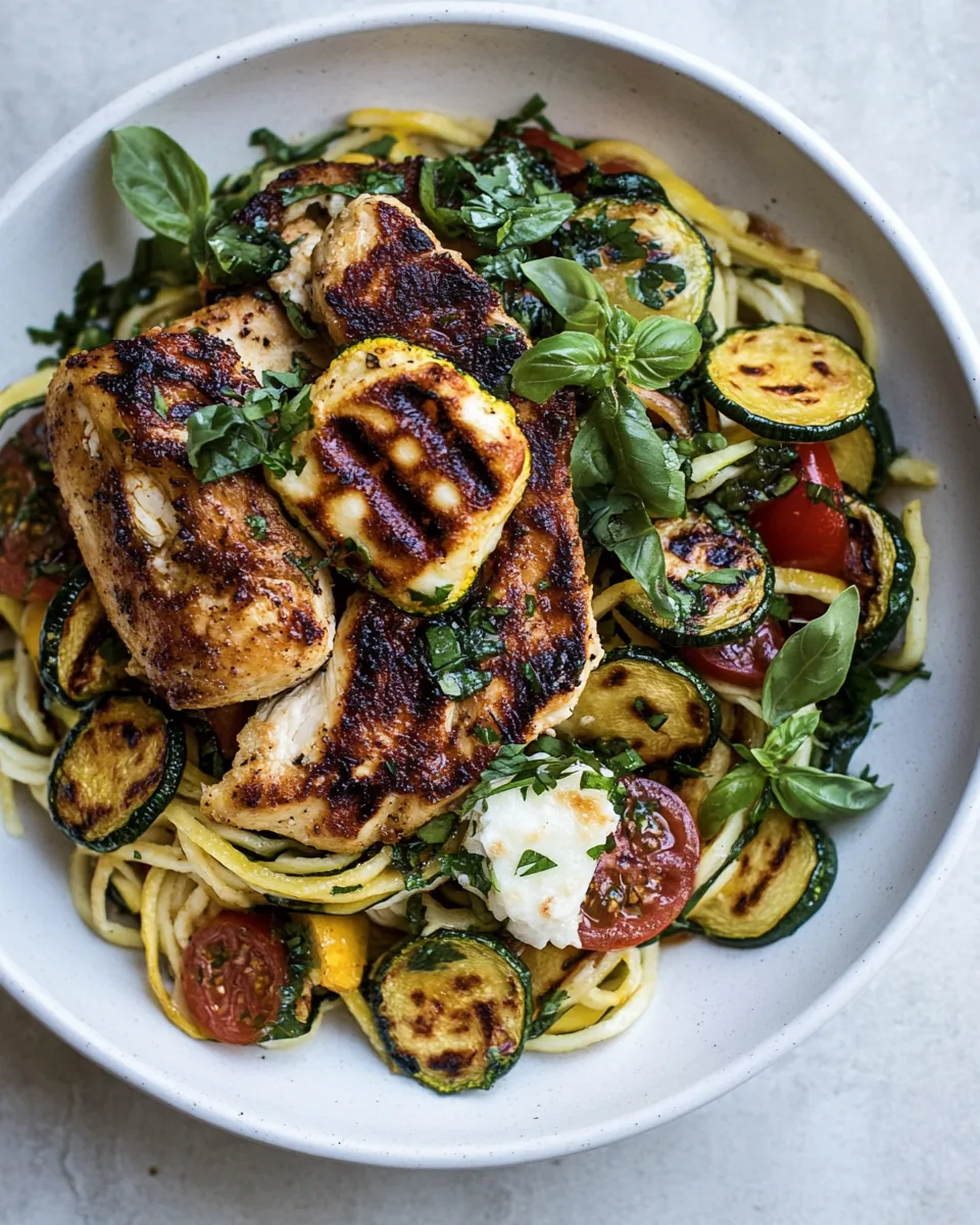 Mediterranean Chicken and Summer Squash Noodles with Fried Halloumi