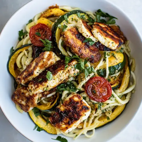 Mediterranean Chicken and Summer Squash Noodles with Fried Halloumi
