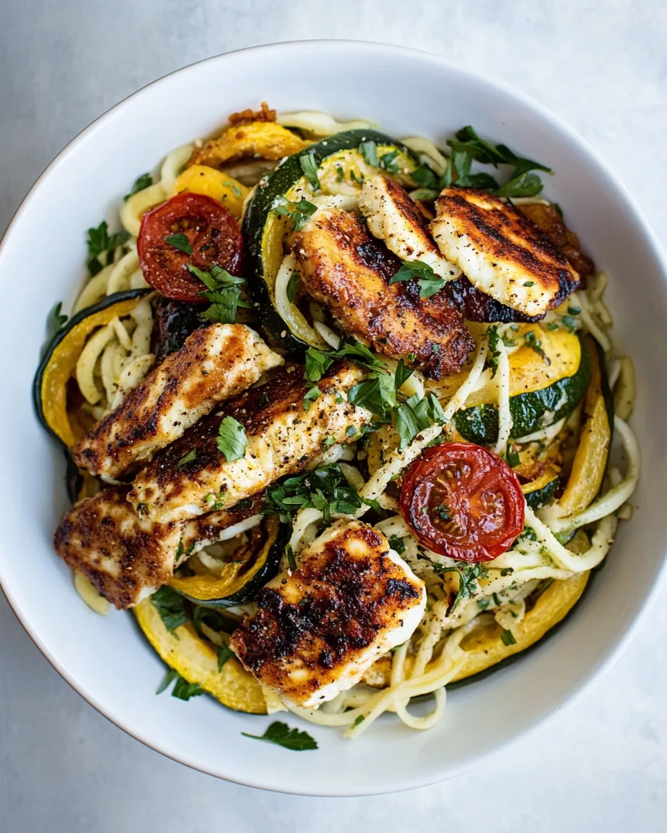 Mediterranean Chicken and Summer Squash Noodles with Fried Halloumi