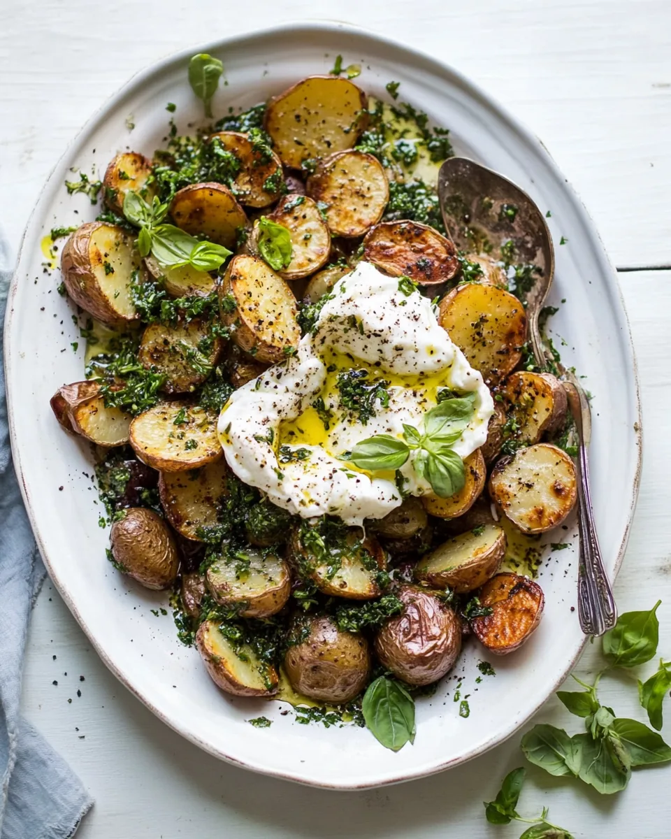 Roasted Mixed Potatoes with Spring Herbs and Burrata