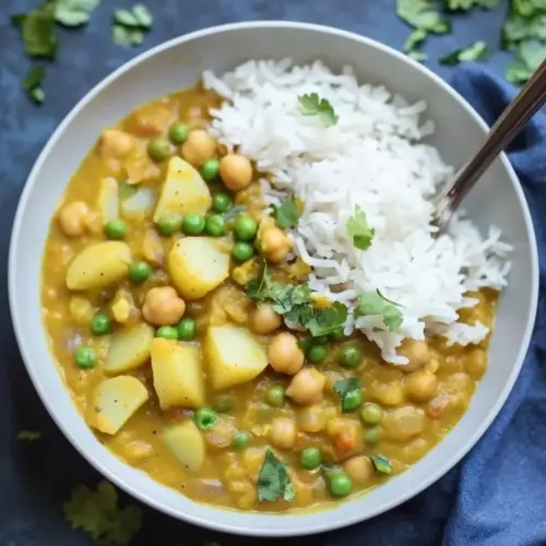 Slow Cooker Red Lentil Chickpea Curry with Potatoes Peas