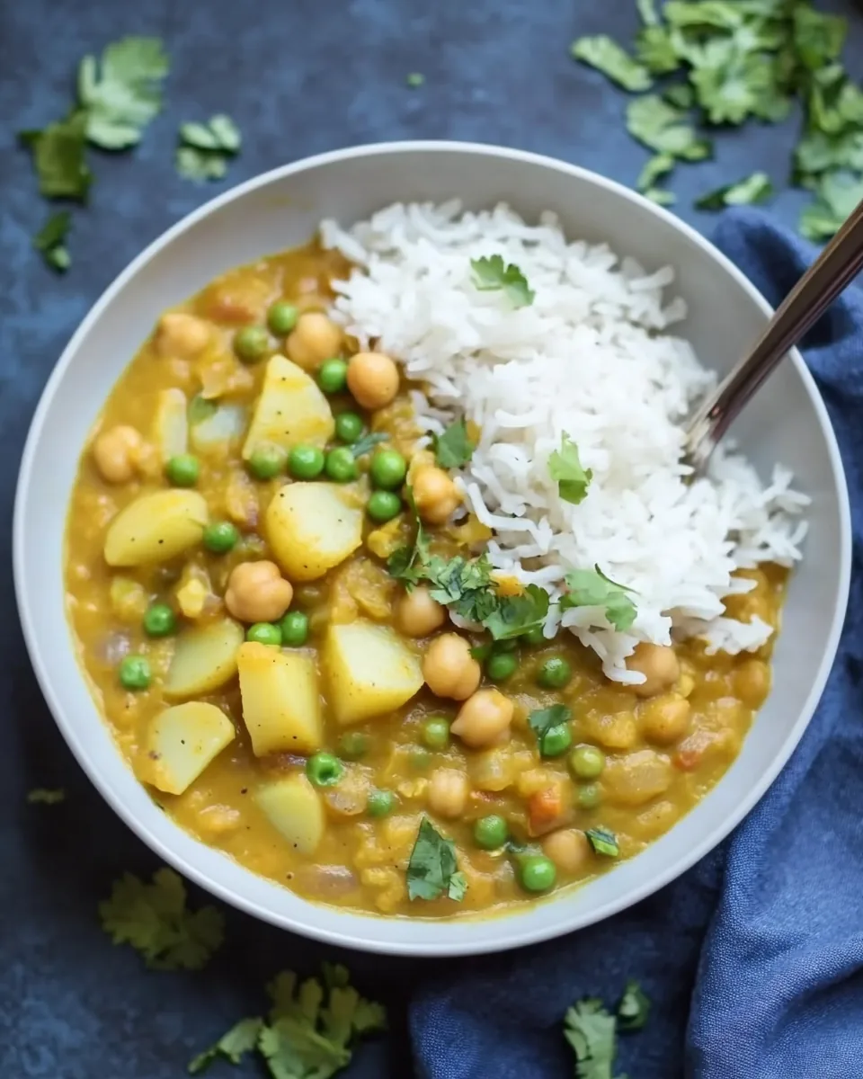 Slow Cooker Red Lentil Chickpea Curry with Potatoes Peas
