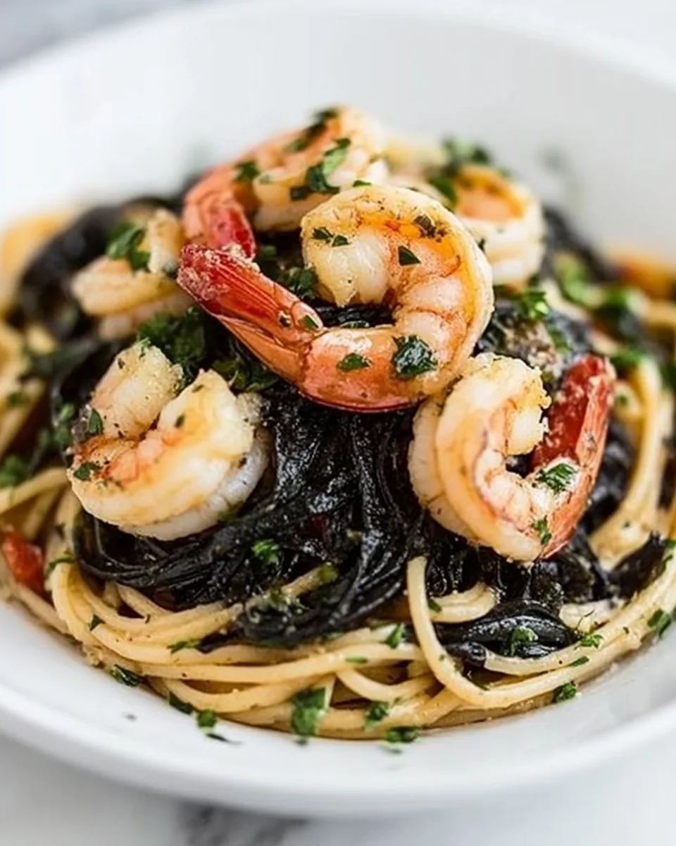 Spaghetti Nero with Garlic Shrimp