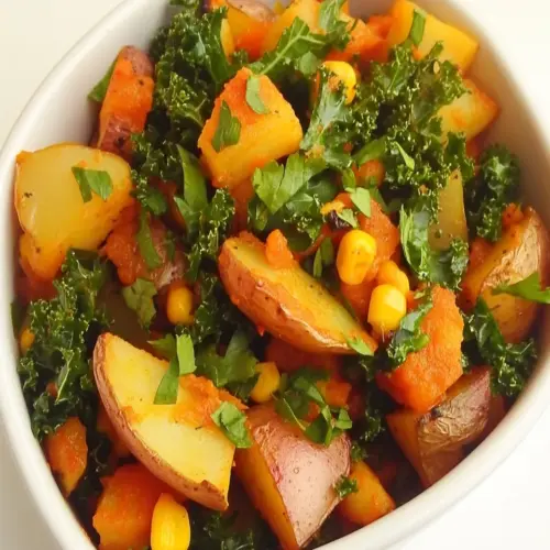 Spanish Roasted Potatoes with Kale and Sweet Corn