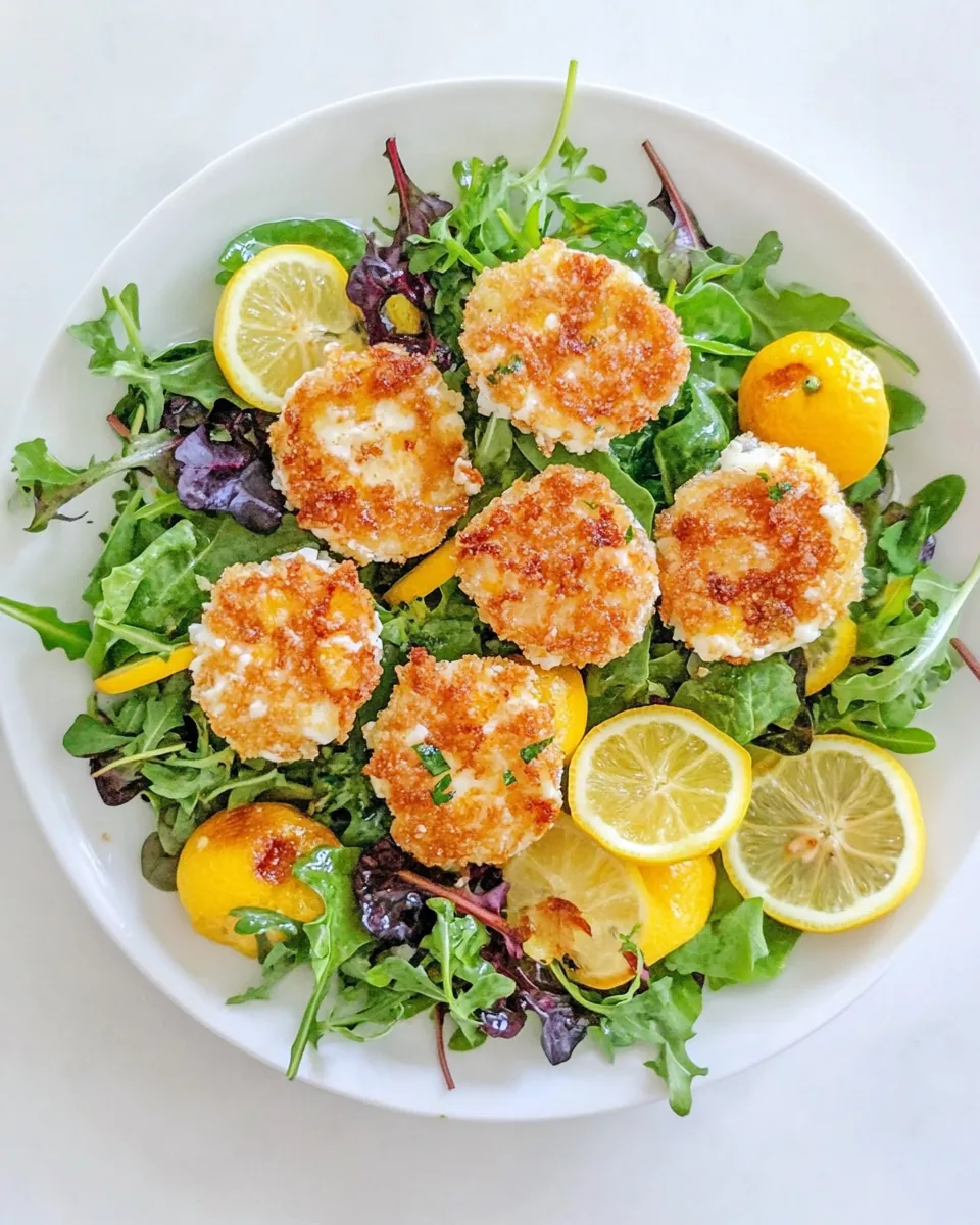 Spring Greens with Candied Meyer Lemons and Spicy Fried Goat Cheese