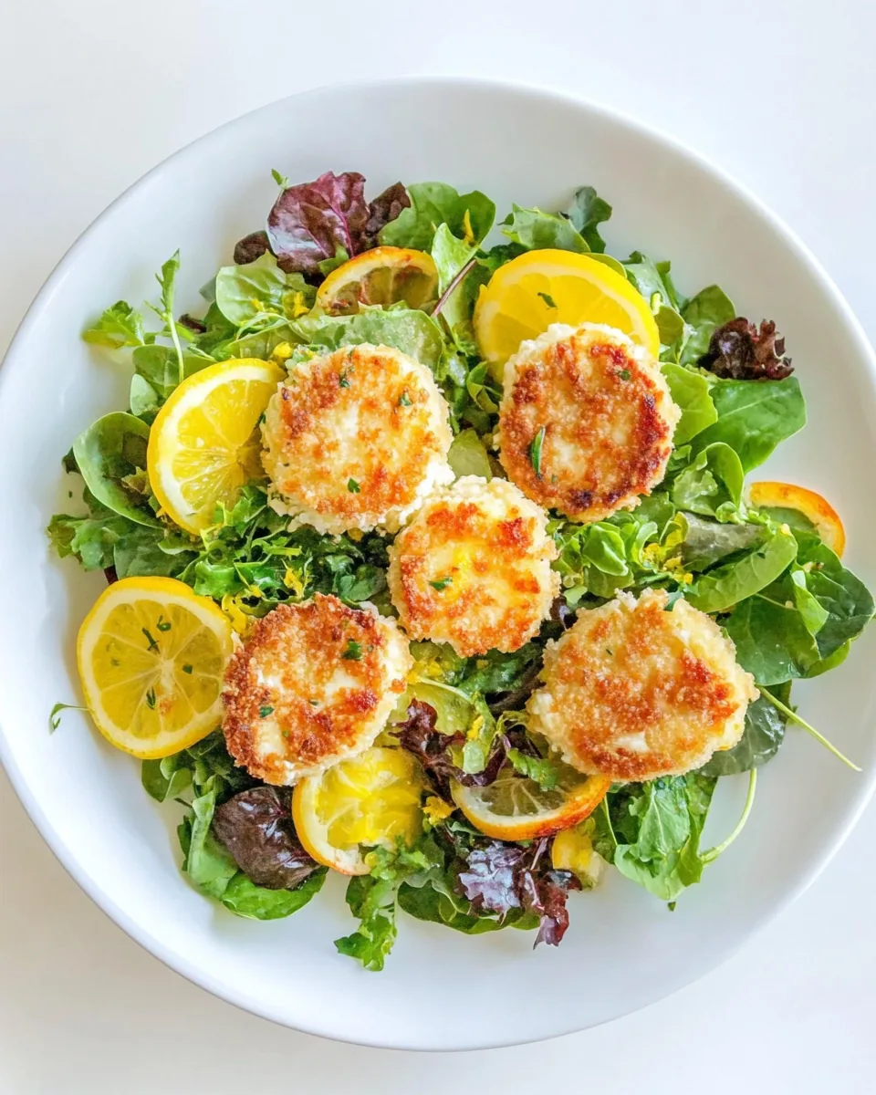 Spring Greens with Candied Meyer Lemons and Spicy Fried Goat Cheese
