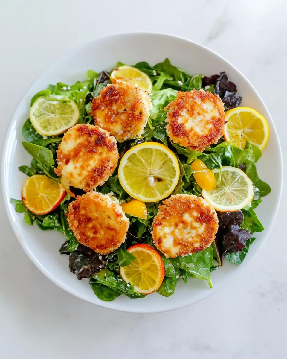 Spring Greens with Candied Meyer Lemons and Spicy Fried Goat Cheese