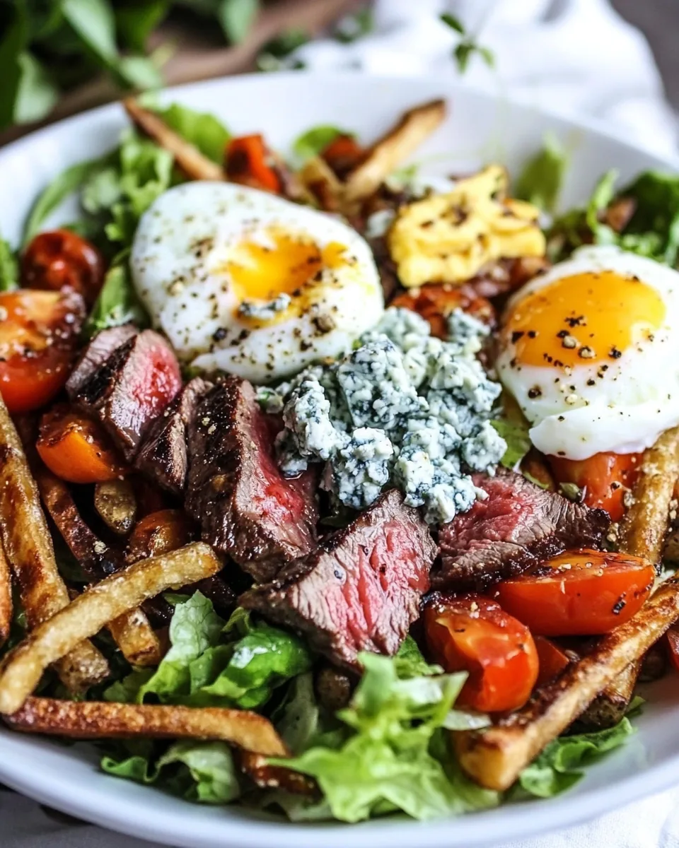 Steak and French Fry Salad with Blue Cheese Butter Poached Eggs