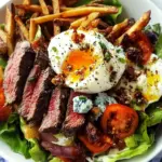 Steak and French Fry Salad with Blue Cheese Butter Poached Eggs