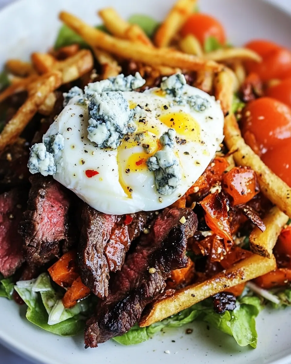 Steak and French Fry Salad with Blue Cheese Butter Poached Eggs