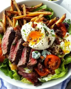 Steak and French Fry Salad with Blue Cheese Butter Poached Eggs