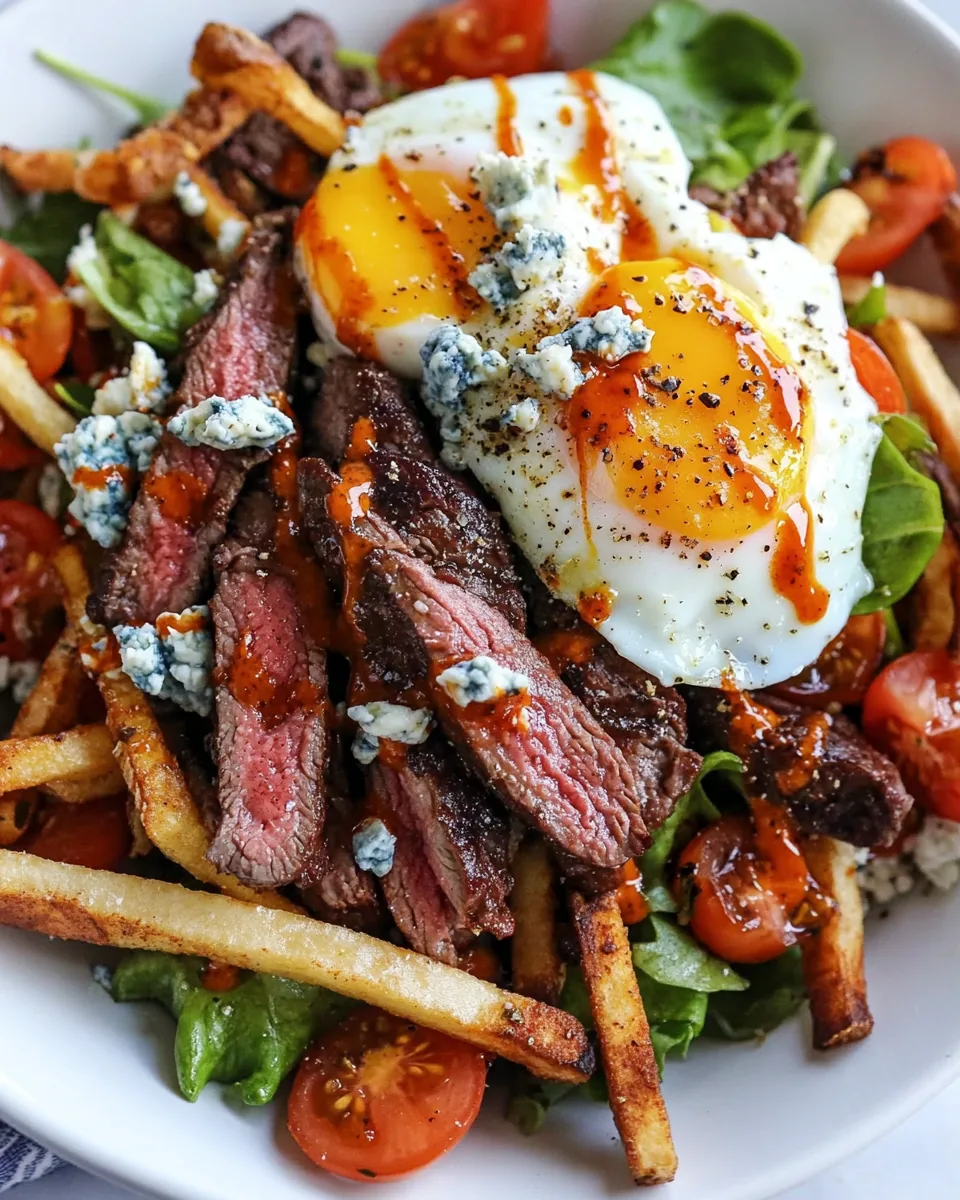 Steak and French Fry Salad with Blue Cheese Butter Poached Eggs