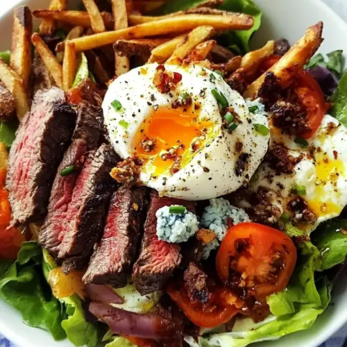 Steak and French Fry Salad with Blue Cheese Butter Poached Eggs