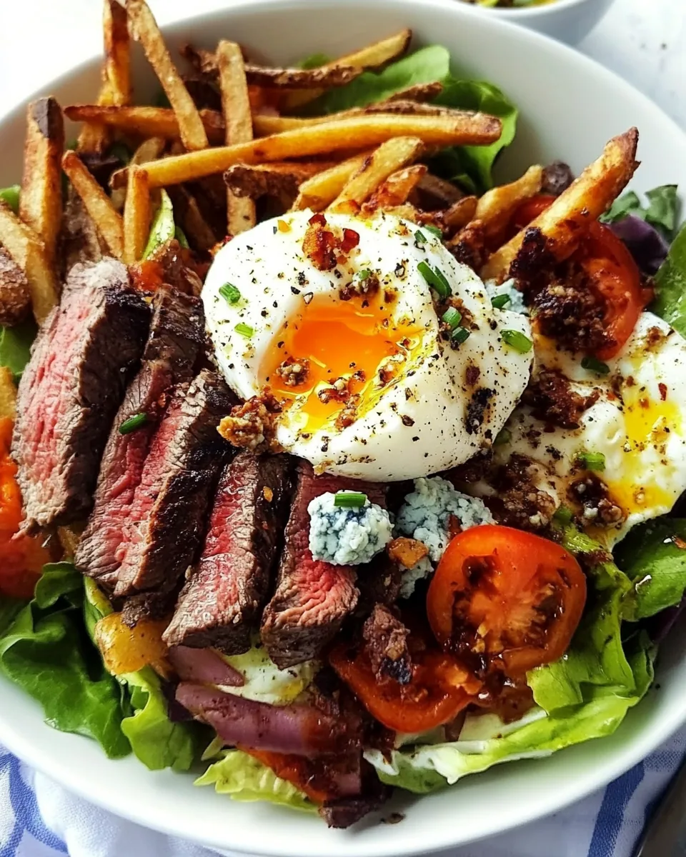 Steak and French Fry Salad with Blue Cheese Butter Poached Eggs